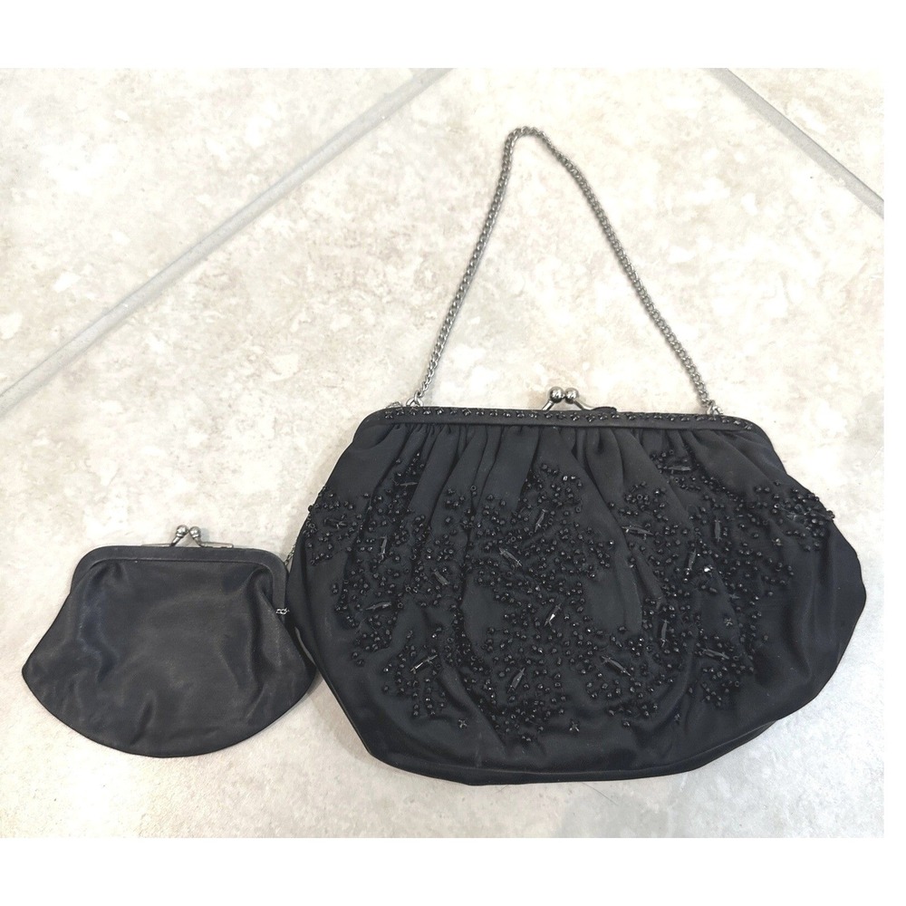Vintage Magid Hand Beaded Black Satin Evening Bag Clutch with Coin Purse USA